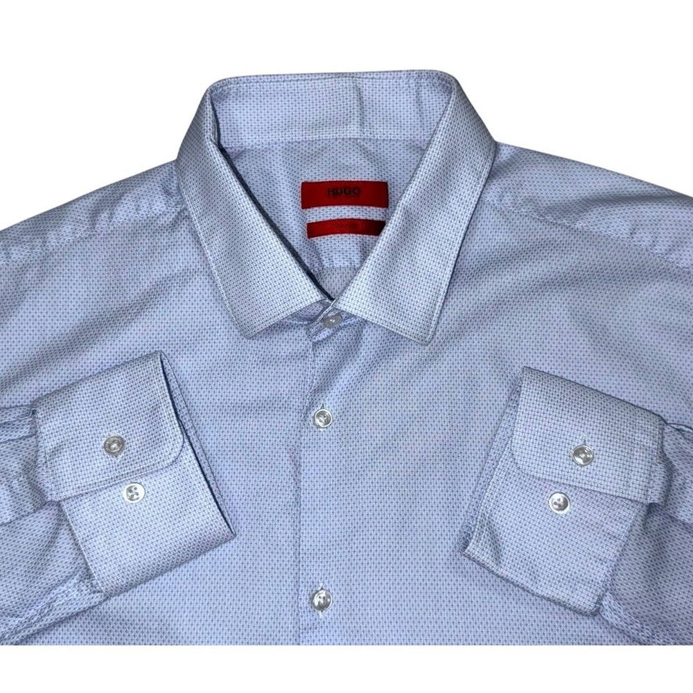 Hugo Boss Red Label Mens XL Dress Shirt Sharp Fit Light Blue Micro Pattern